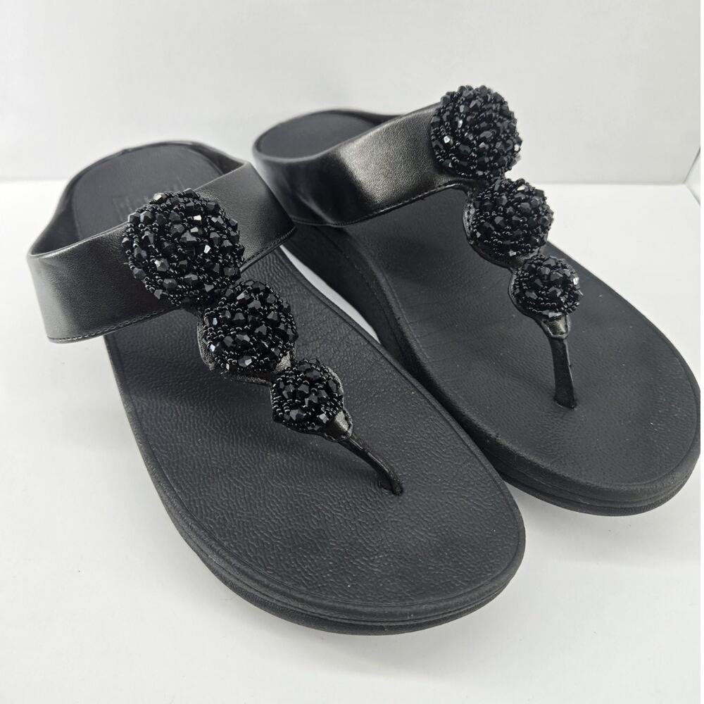 FitFlop Fino Beadie Button Black Post Toe Comfort Sandal Sz 6 - Picture 2 of 11